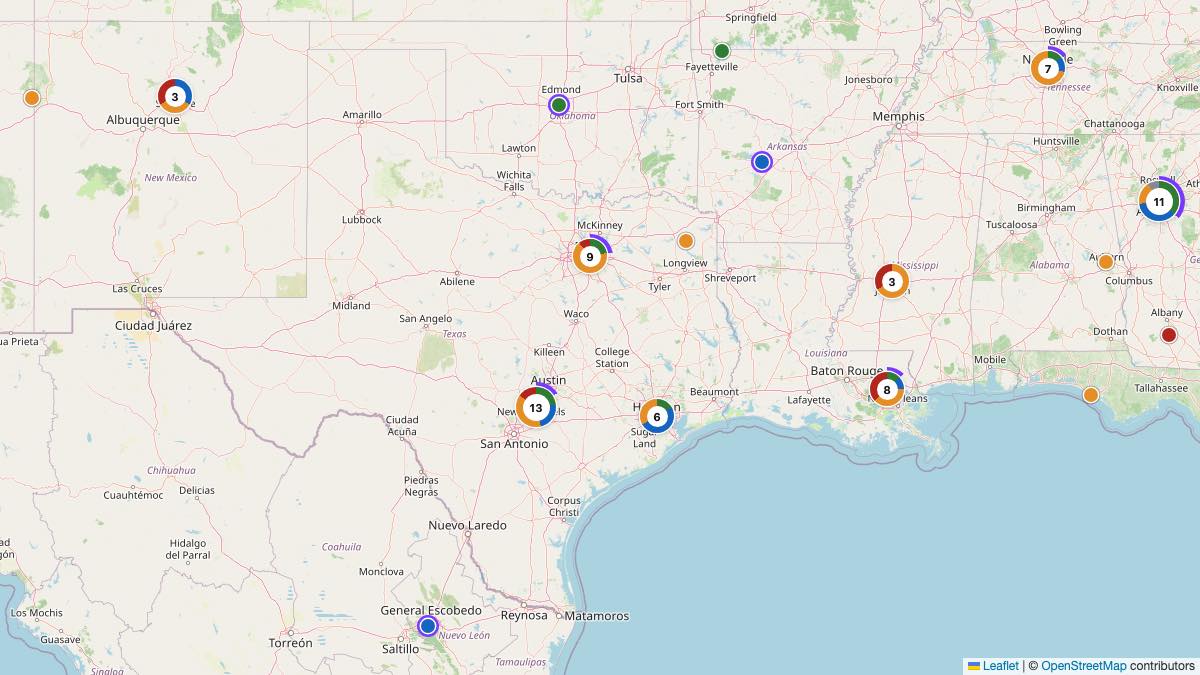 Map of the 28 Edit by Chase Travel hotels in Texas, each pin colored by nightly price tier
