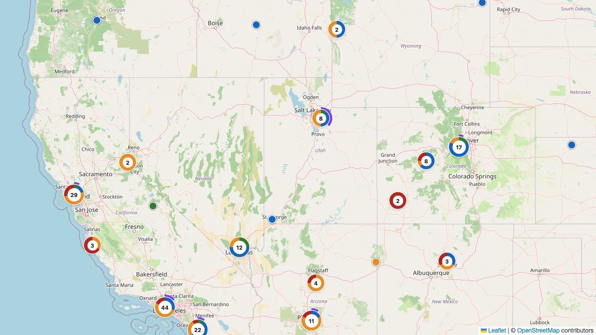 Map of the 10 Edit by Chase Travel hotels in Utah, each pin colored by nightly price tier