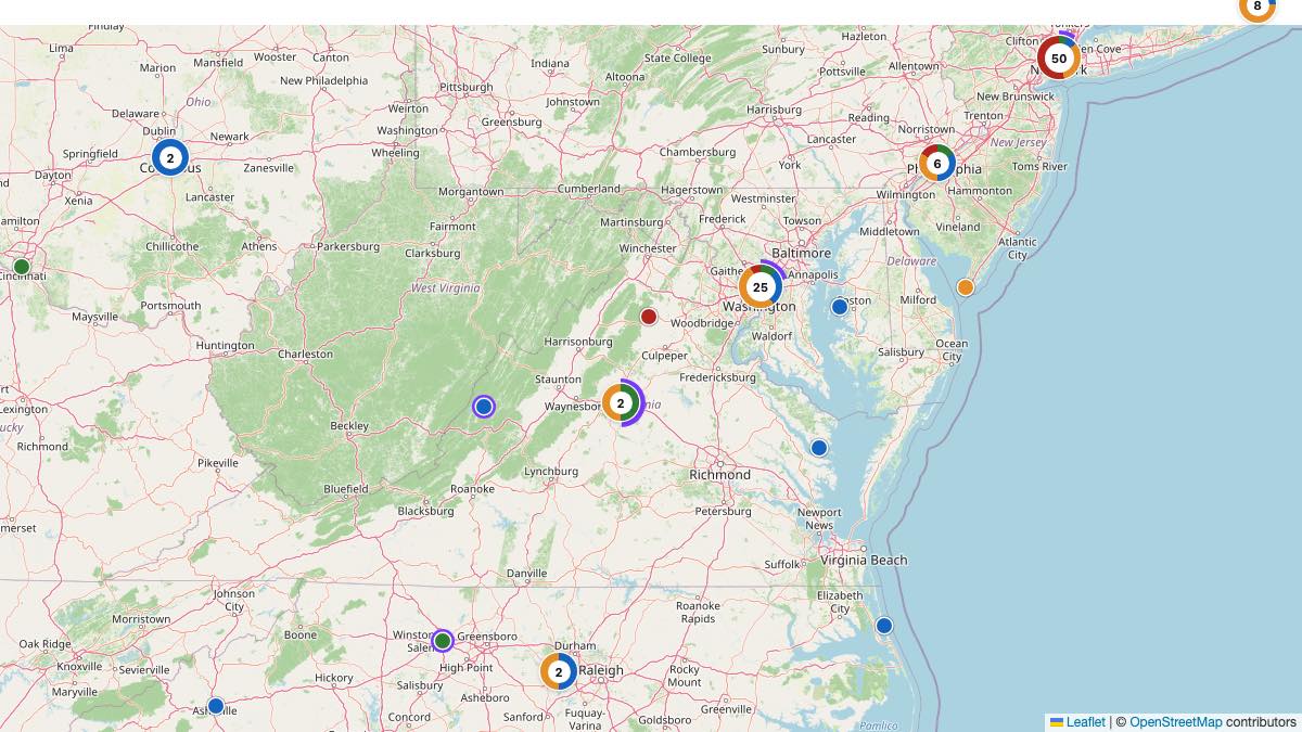 Map of the 8 Edit by Chase Travel hotels in Virginia, each pin colored by nightly price tier