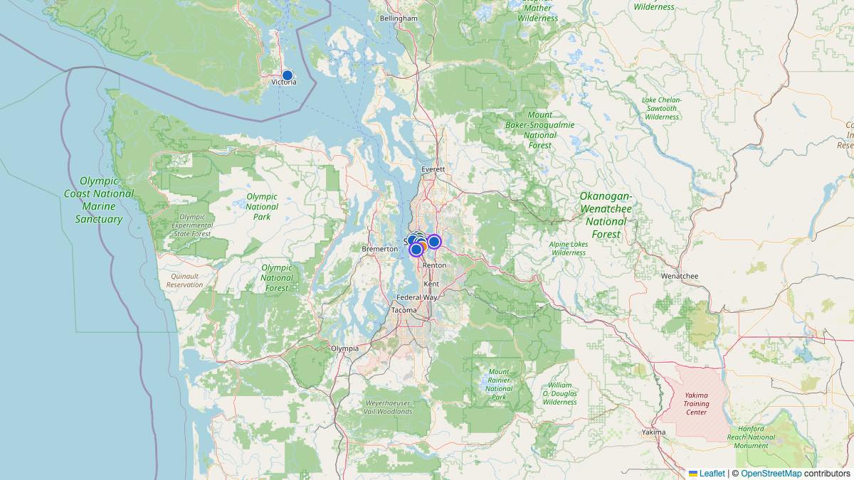 Map of the 10 Edit by Chase Travel hotels in Washington, each pin colored by nightly price tier