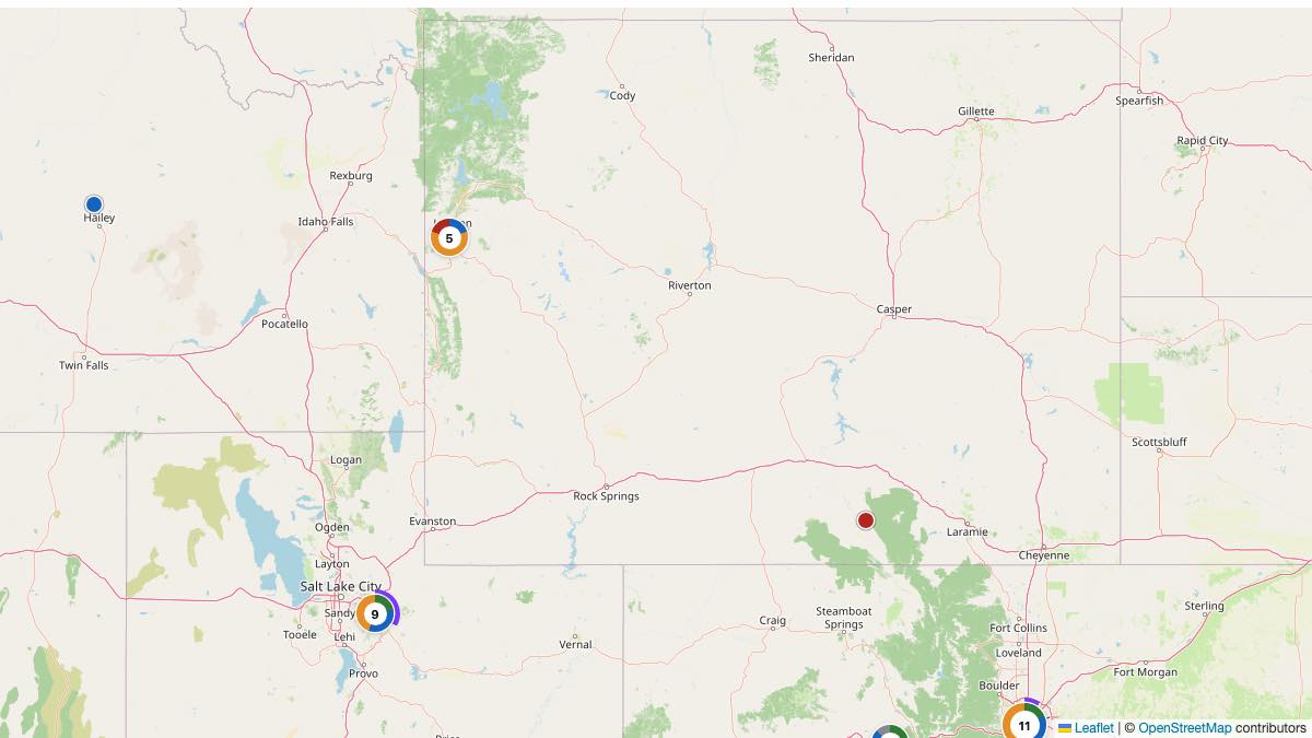 Map of the 6 Edit by Chase Travel hotels in Wyoming, each pin colored by nightly price tier