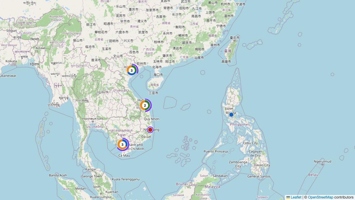 Map of the 10 Edit by Chase Travel hotels in Vietnam, each pin colored by nightly price tier