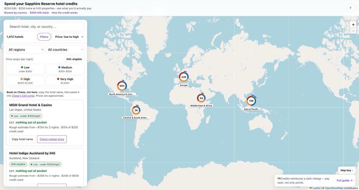 Interactive map of every Edit hotel, color-coded by price tier